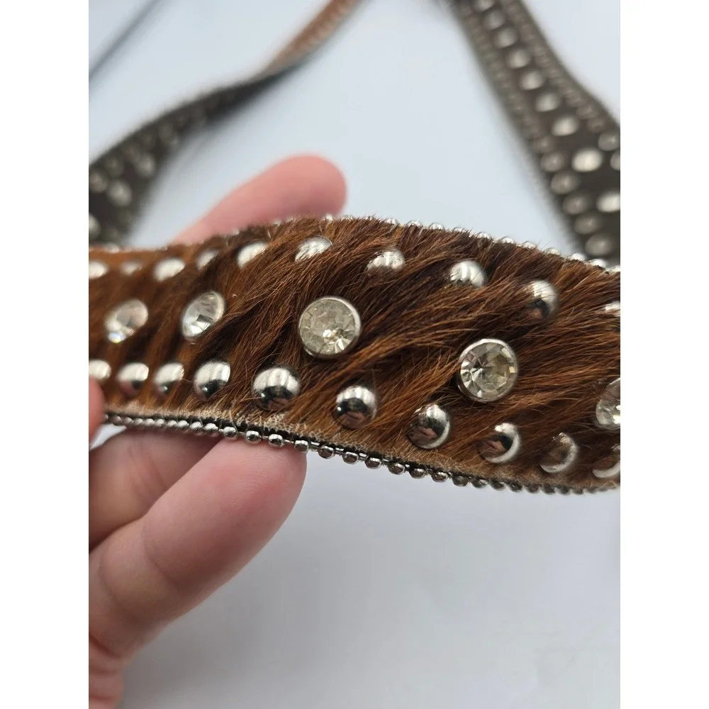 Nocona Belt Western Womens M Brown Studded Rhinestone Calf Hair Leather